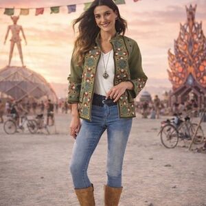 Olive Green Embroidered Blazer Boho Festival By The Pyramid Collection Sz XL